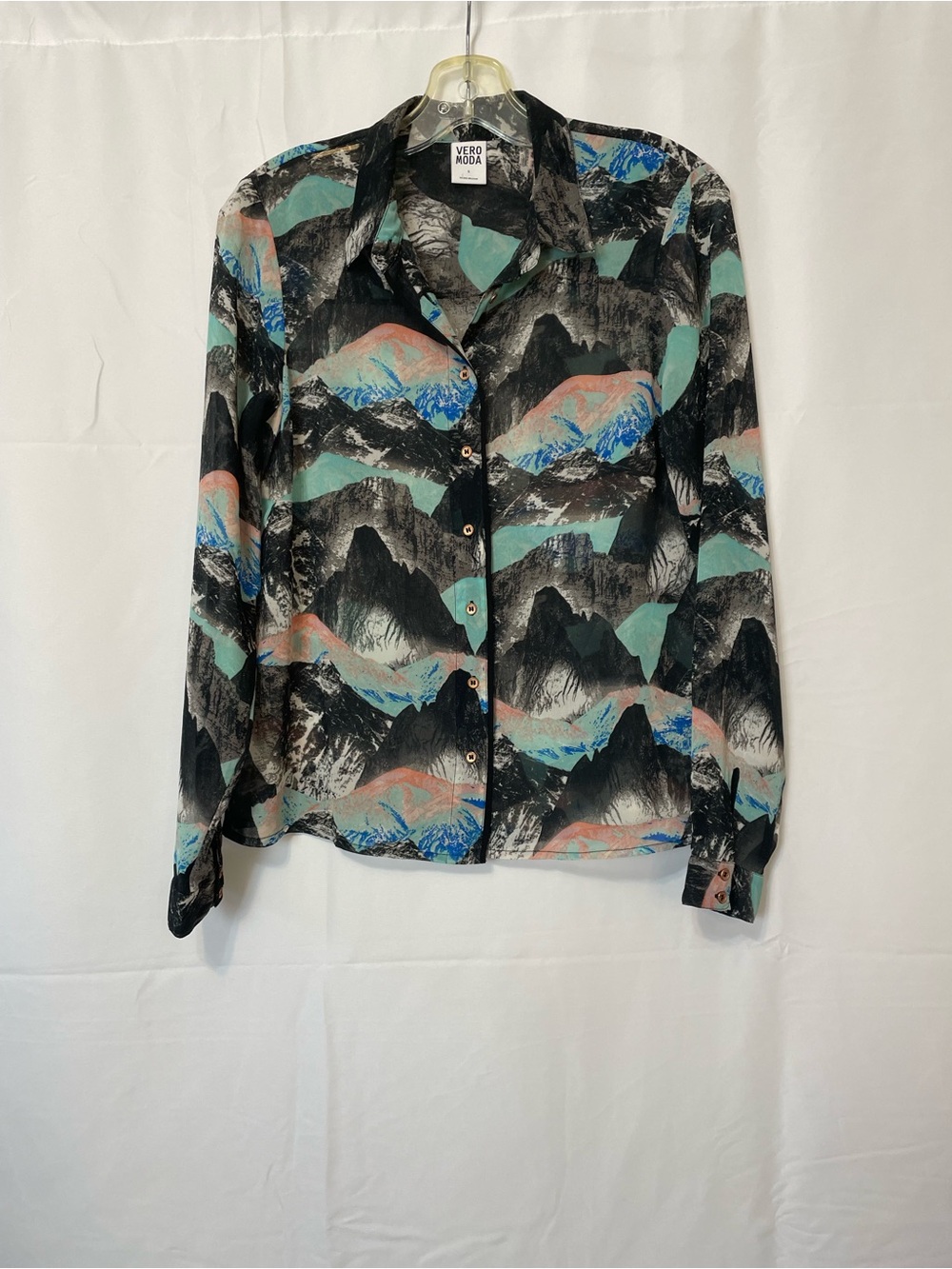 Vero Moda Mountain-Print Button Blouse Black/Teal/Coral Women’s Small